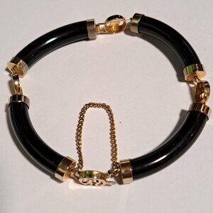 Vintage black onyx and gold tone bracelet with Asian writing characters